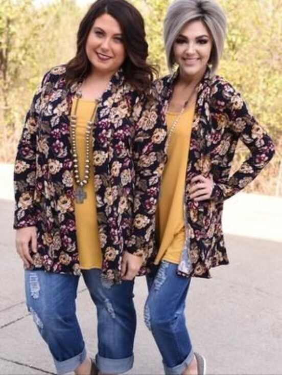 The Zigzag Stripe Sweaters - ​The ZigZag Stripe Open Front Floral Cardigan XL Black Mustard Yellow Rose Print